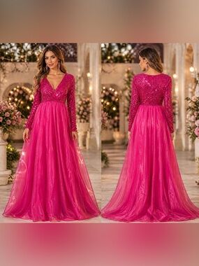 Sequin Bodice Fuchsia Long Sleeve Evening Dress